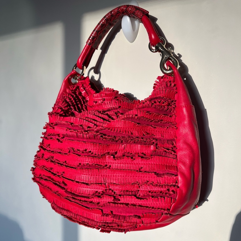 Jimmy Choo Red Suede Leather and Snakeskin Fringe Hobo Shoulder Bag - Picture 3 of 16